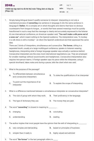 15000 bài tập tách từ đề thi thử môn Tiếng Anh có đáp án (Phần 24)