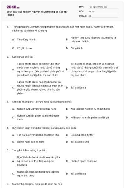 500+ câu trắc nghiệm Nguyên lý Marketing có đáp án - Phần 8