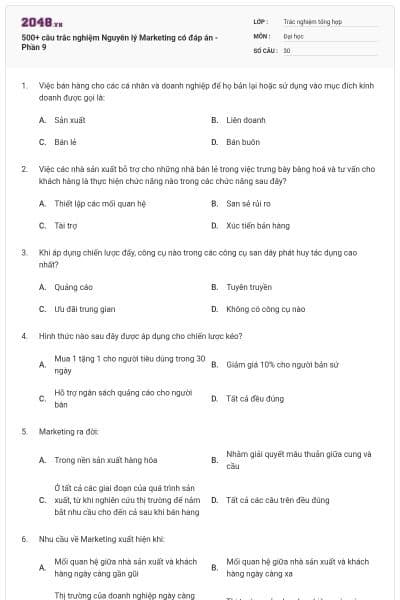 500+ câu trắc nghiệm Nguyên lý Marketing có đáp án - Phần 9