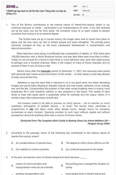 15000 bài tập tách từ đề thi thử môn Tiếng Anh có đáp án (Phần 27)