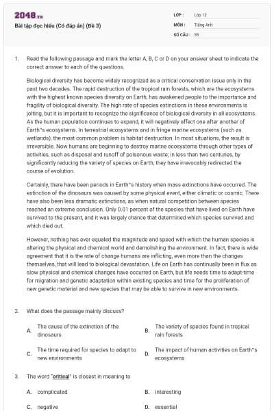 Bài tập đọc hiểu (Có đáp án) (Đề 3)