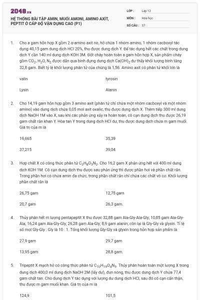 HỆ THỐNG BÀI TẬP AMIN, MUỐI AMONI, AMINO AXIT, PEPTIT Ở CẤP ĐỘ VẬN DỤNG CAO (P1)