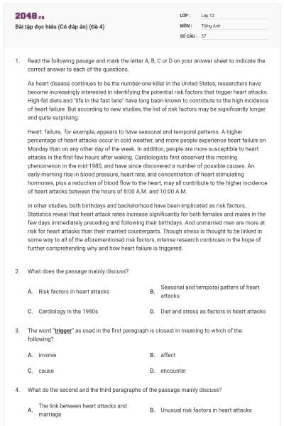 Bài tập đọc hiểu (Có đáp án) (Đề 4)