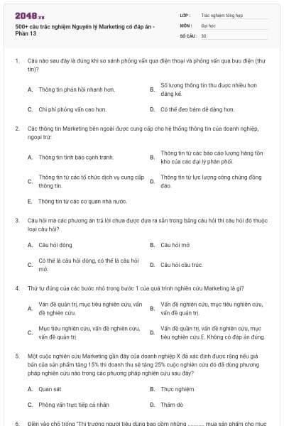 500+ câu trắc nghiệm Nguyên lý Marketing có đáp án - Phần 13