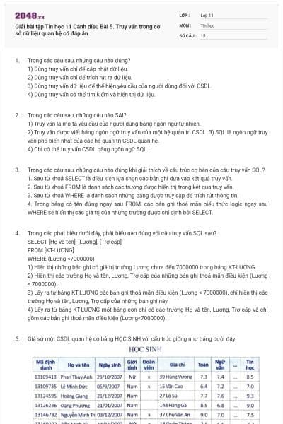 Giải bài tập Tin học 11 Cánh diều Bài 5. Truy vấn trong cơ sở dữ liệu quan hệ có đáp án
