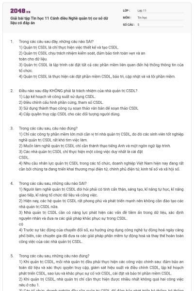 Giải bài tập Tin học 11 Cánh diều Nghề quản trị cơ sở dữ liệu có đáp án