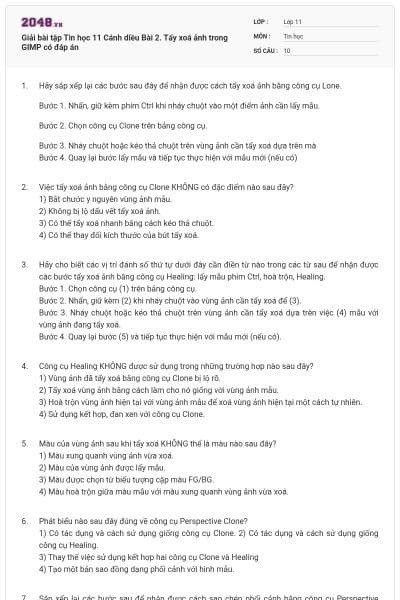 Giải bài tập Tin học 11 Cánh diều Bài 2. Tẩy xoá ảnh trong GIMP có đáp án