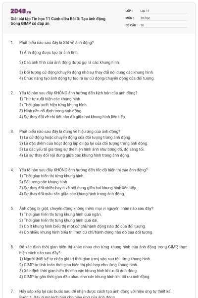 Giải bài tập Tin học 11 Cánh diều Bài 3: Tạo ảnh động trong GIMP có đáp án