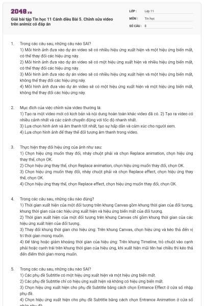 Giải bài tập Tin học 11 Cánh diều Bài 5. Chỉnh sửa video trên animiz có đáp án
