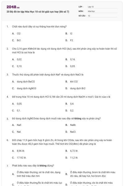 20 Bộ đề ôn tập Hóa Học 10 có lời giải cực hay (Đề số 7)