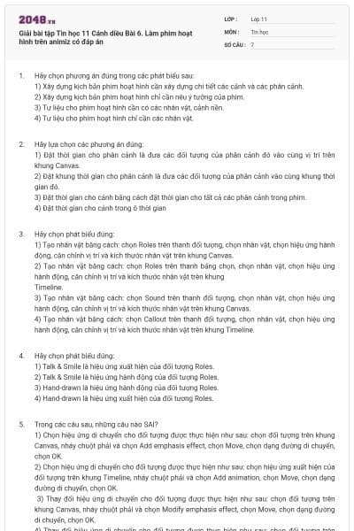 Giải bài tập Tin học 11 Cánh diều Bài 6. Làm phim hoạt hình trên animiz có đáp án