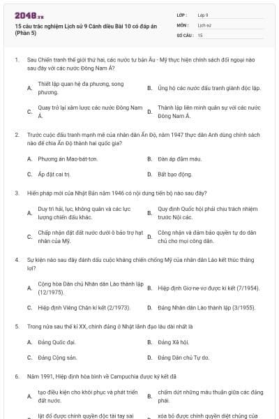 15 câu trắc nghiệm Lịch sử 9 Cánh diều Bài 10 có đáp án (Phần 5)