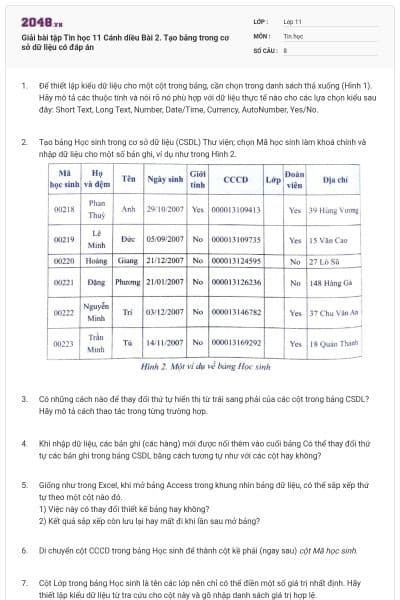 Giải bài tập Tin học 11 Cánh diều Bài 2. Tạo bảng trong cơ sở dữ liệu có đáp án
