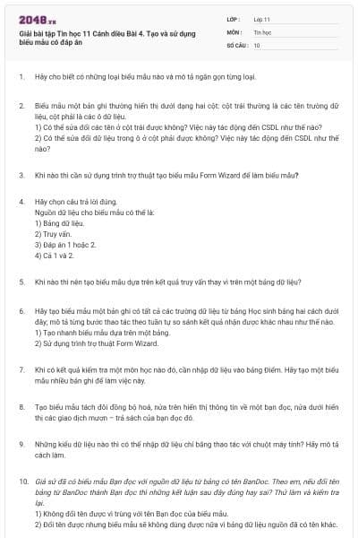 Giải bài tập Tin học 11 Cánh diều Bài 4. Tạo và sử dụng biểu mẫu có đáp án