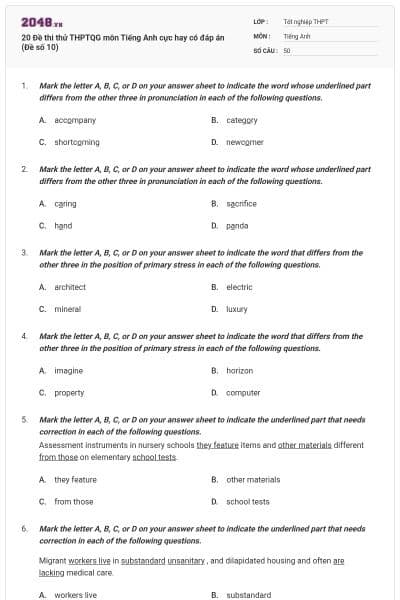 20 Đề thi thử THPTQG môn Tiếng Anh cực hay có đáp án (Đề số 10)