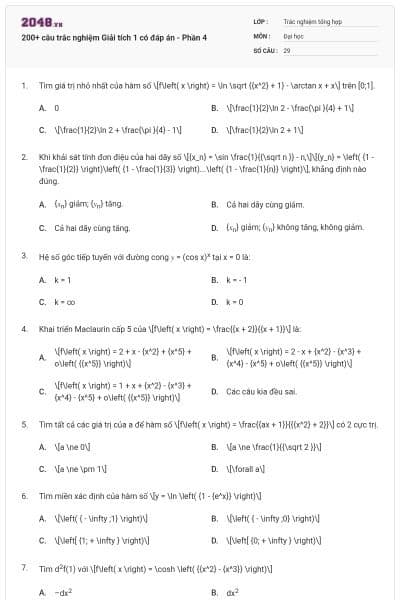 200+ câu trắc nghiệm Giải tích 1 có đáp án - Phần 4
