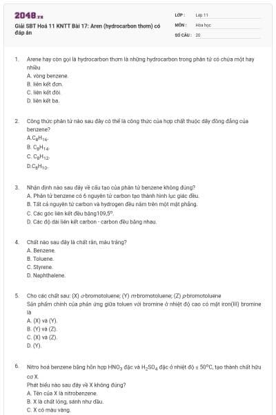 Giải SBT Hoá 11 KNTT Bài 17: Aren (hydrocarbon thơm) có đáp án