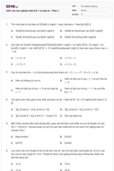 200+ câu trắc nghiệm Giải tích 1 có đáp án - Phần 7
