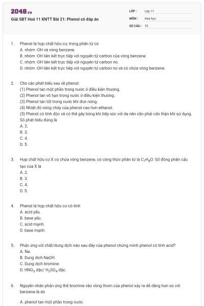 Giải SBT Hoá 11 KNTT Bài 21: Phenol có đáp án