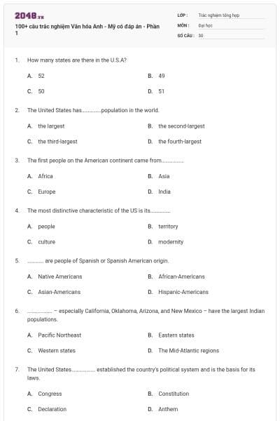 100+ câu trắc nghiệm Văn hóa Anh - Mỹ có đáp án - Phần 1