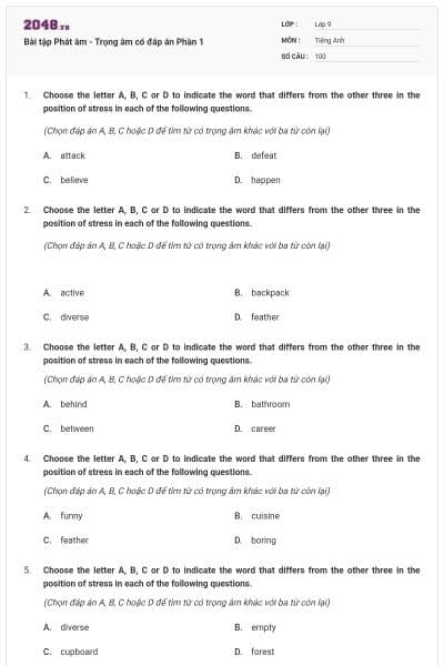 Bài tập Phát âm - Trọng âm có đáp án Phần 1