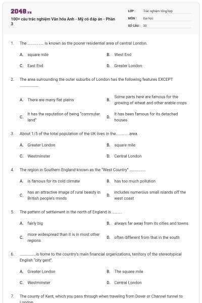 100+ câu trắc nghiệm Văn hóa Anh - Mỹ có đáp án - Phần 3