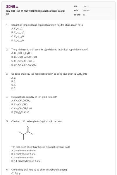 Giải SBT Hoá 11 KNTT Bài 23: Hợp chất carbonyl có đáp án