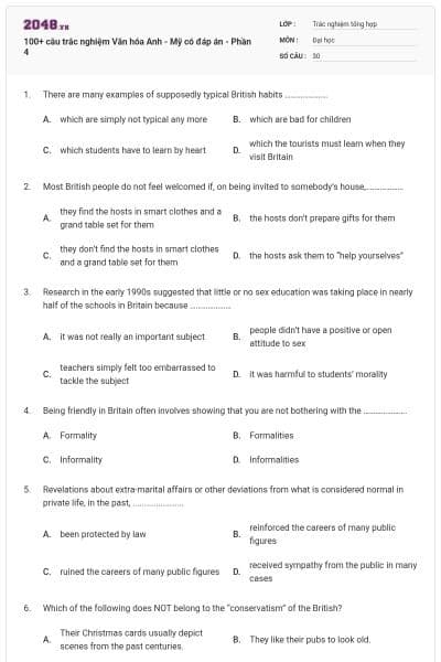 100+ câu trắc nghiệm Văn hóa Anh - Mỹ có đáp án - Phần 4