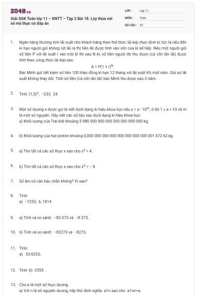 Giải SGK Toán lớp 11 – KNTT – Tập 2 Bài 18. Lũy thừa với số mũ thực  có đáp án