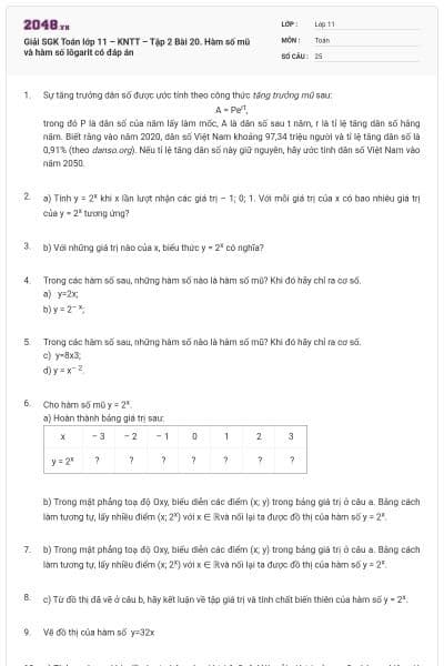 Giải SGK Toán lớp 11 – KNTT – Tập 2 Bài 20. Hàm số mũ và hàm số lôgarit có đáp án