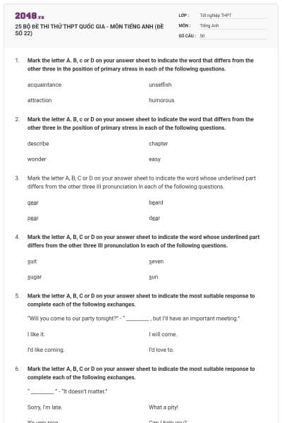 25 BỘ ĐỀ THI THỬ THPT QUỐC GIA - MÔN TIẾNG ANH (ĐỀ SỐ 22)