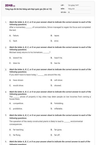 Tổng hợp đề thi thử tiếng anh thpt quốc gia (Đề số 10)