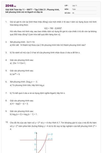Giải SGK Toán lớp 11 – KNTT – Tập 2  Bài 21. Phương trình, bất phương trình mũ và lôgarit có đáp án