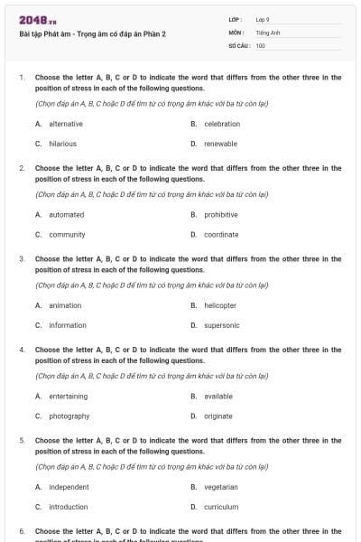 Bài tập Phát âm - Trọng âm có đáp án Phần 2