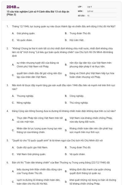 15 câu trắc nghiệm Lịch sử 9 Cánh diều Bài 13 có đáp án (Phần 3)
