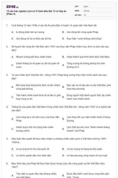 15 câu trắc nghiệm Lịch sử 9 Cánh diều Bài 13 có đáp án (Phần 4)
