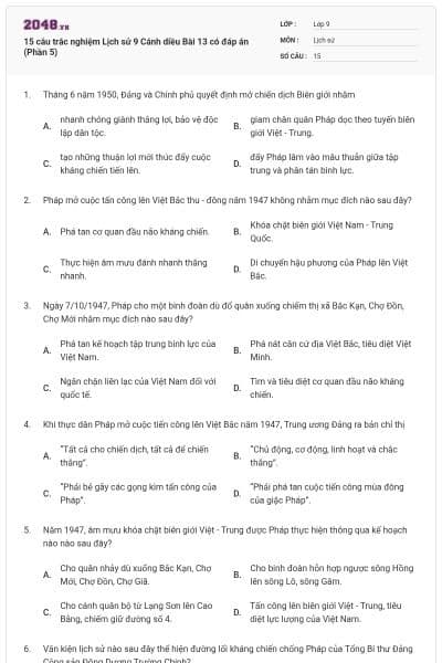15 câu trắc nghiệm Lịch sử 9 Cánh diều Bài 13 có đáp án (Phần 5)