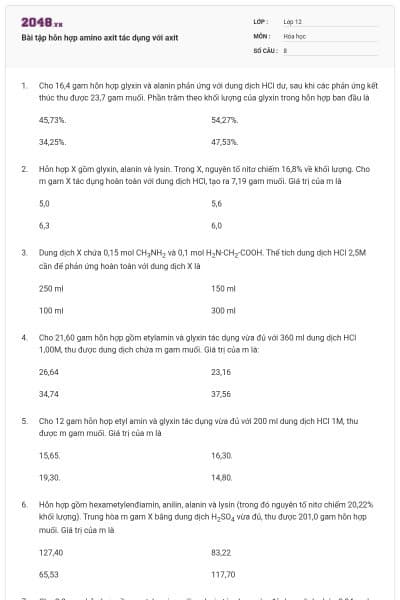 Bài tập hỗn hợp amino axit tác dụng với axit