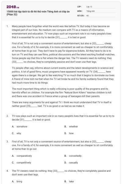 15000 bài tập tách từ đề thi thử môn Tiếng Anh có đáp án (Phần 32)