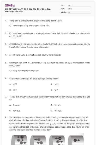 Giải SBT Vật lí  lớp 11 Cánh diều Chủ đề 4: Dòng điện, mạch điện  có đáp án