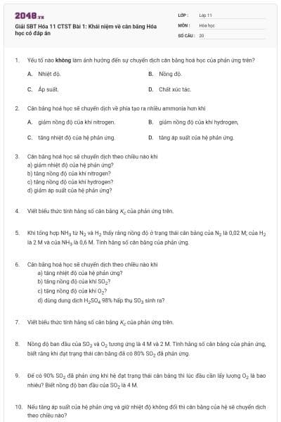 Giải SBT Hóa 11 CTST Bài 1: Khái niệm về cân bằng Hóa học có đáp án