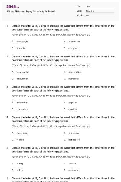 Bài tập Phát âm - Trọng âm có đáp án Phần 3