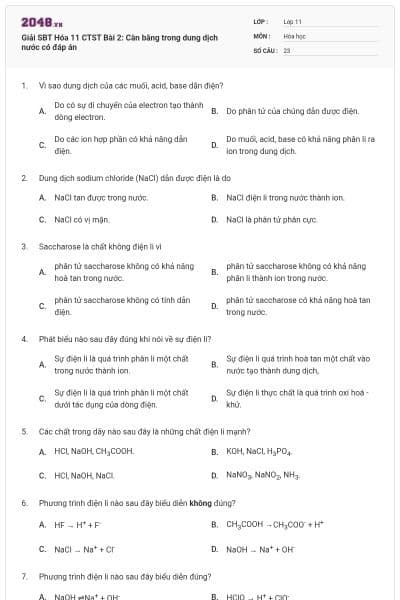 Giải SBT Hóa 11 CTST Bài 2: Cân bằng trong dung dịch nước có đáp án