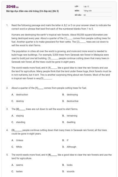 Bài tập đọc điền vào chỗ trống (Có đáp án) (Đề 3)