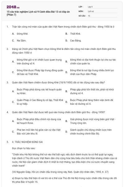 15 câu trắc nghiệm Lịch sử 9 Cánh diều Bài 13 có đáp án (Phần 7)