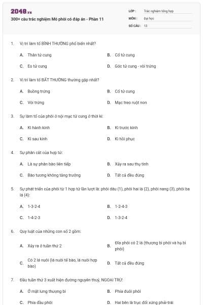 300+ câu trắc nghiệm Mô phôi có đáp án - Phần 11