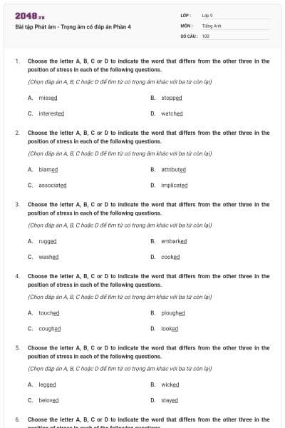 Bài tập Phát âm - Trọng âm có đáp án Phần 4
