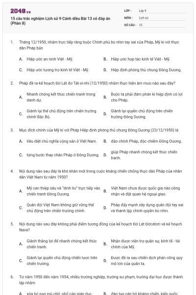 15 câu trắc nghiệm Lịch sử 9 Cánh diều Bài 13 có đáp án (Phần 8)