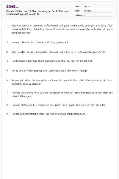 Chuyên đề Sinh học 11 Chân trời sáng tạo Bài 1: Khái quát về nông nghiệp sạch có đáp án