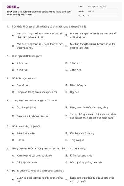 400+ câu trắc nghiệm Giáo dục sức khỏe và nâng cao sức khỏe có đáp án - Phần 1